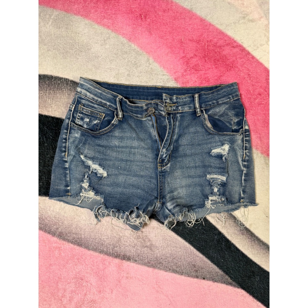 SHEIN Women Blue Distressed Denim Shorts Raw Hem Size Large 8/10